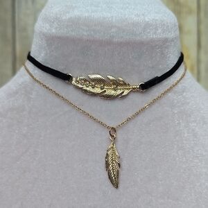 Gold Feather Pendant Black Cord Choker Necklace Set W Rhinestone Accents